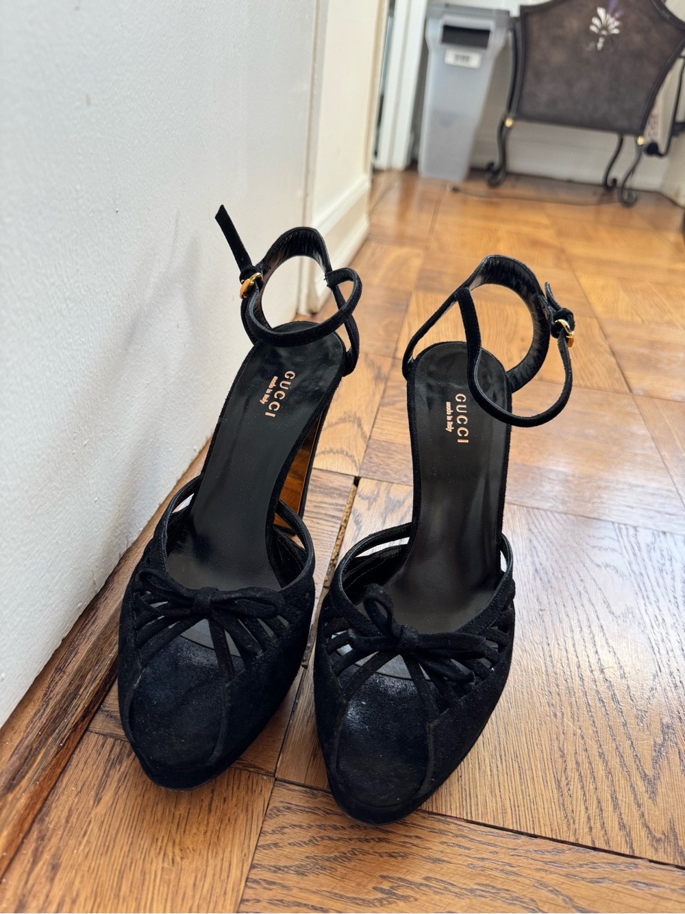 Gucci Black Suede Knotted Ankle-Strap Platform Heels